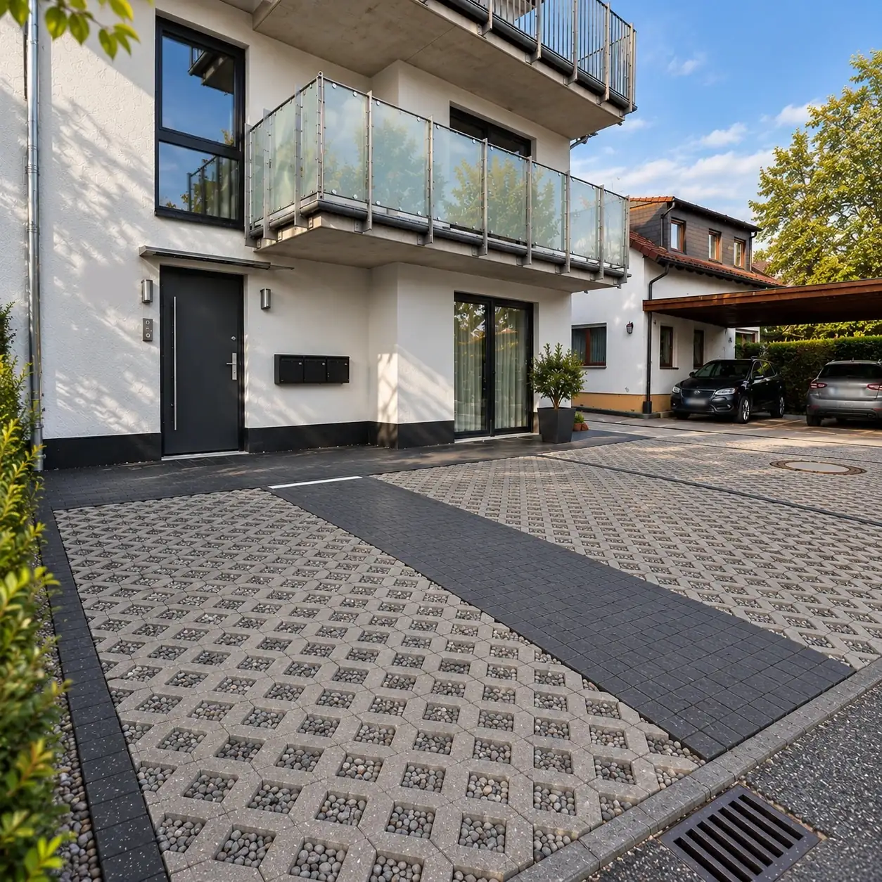Versickerungsfähige Stellplätze aus Rasengittersteinen mit Kiesfüllung und dunklem Pflasterstreifen vor einem Wohnhaus